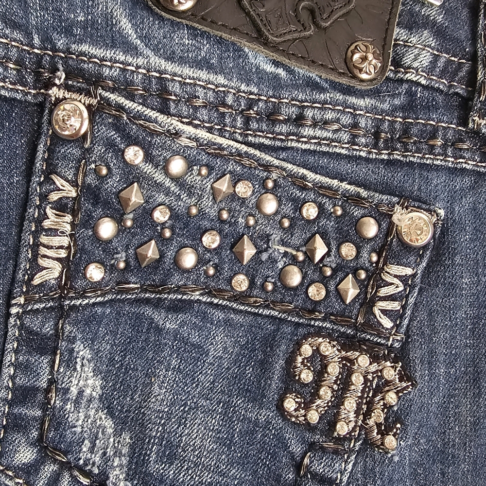 Miss Me Embellished Distressed Bootcut Denim Blue Jeans Bedazzled Size 26